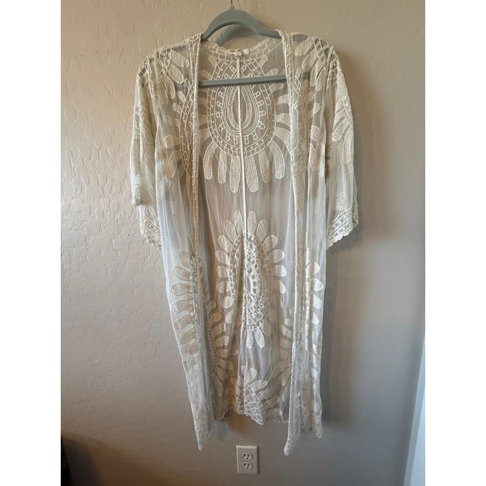 Rebellion Kimono Cardigan Womens S White Floral Lace Boho Sheer Festival Chic